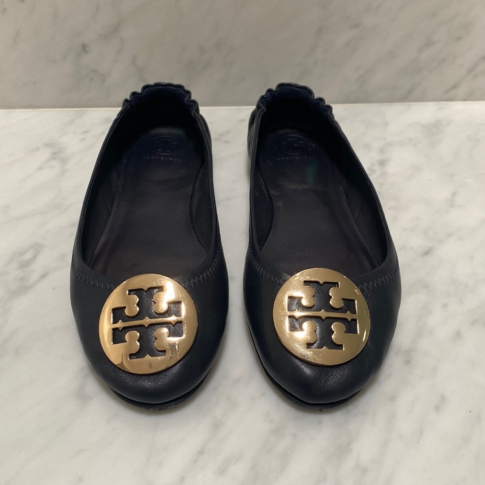 Tory Burch Navy Flats with Gold Emblem
